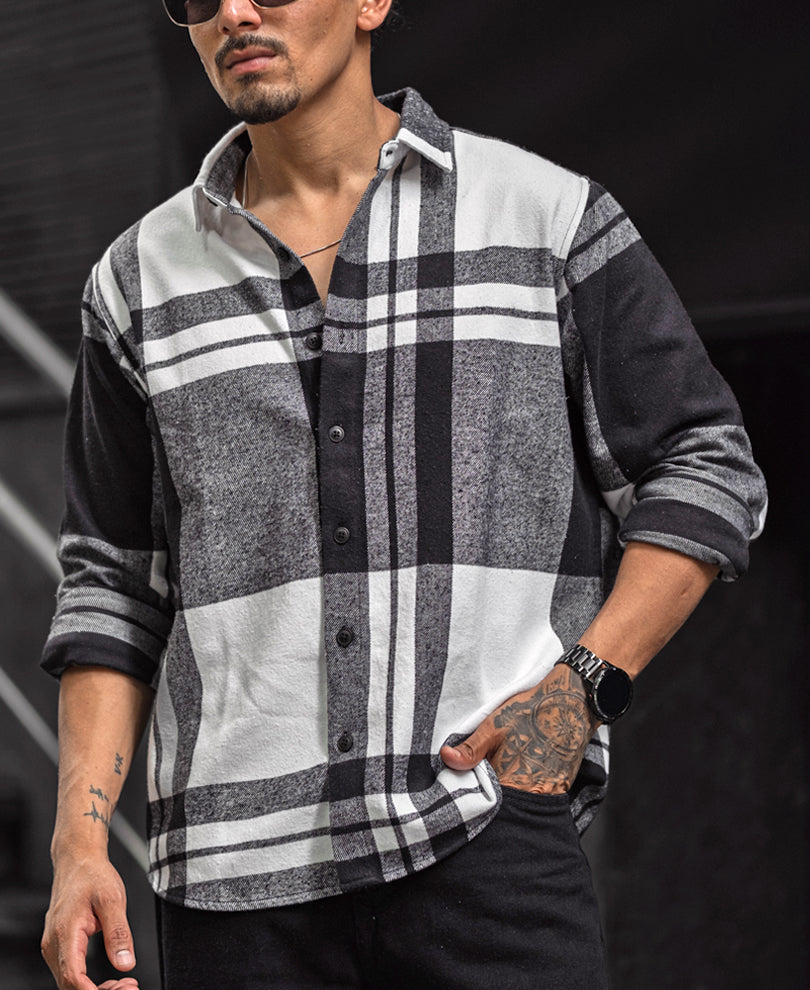Black and White Checks Regular Fit Full Sleeves Overshirt