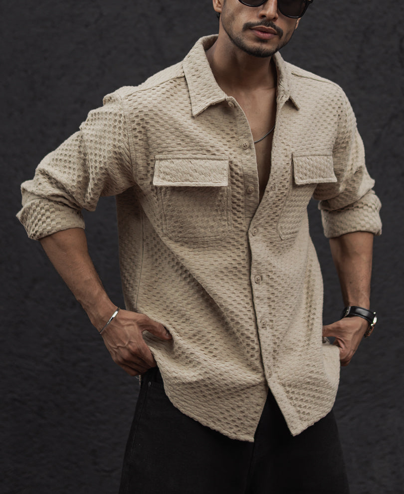 Beige Regular Fit Full Sleeves Structured Shirt