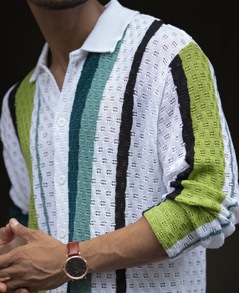 Multi Colour Vertical Striped Crochet Regular Fit Full Sleeve Shirt