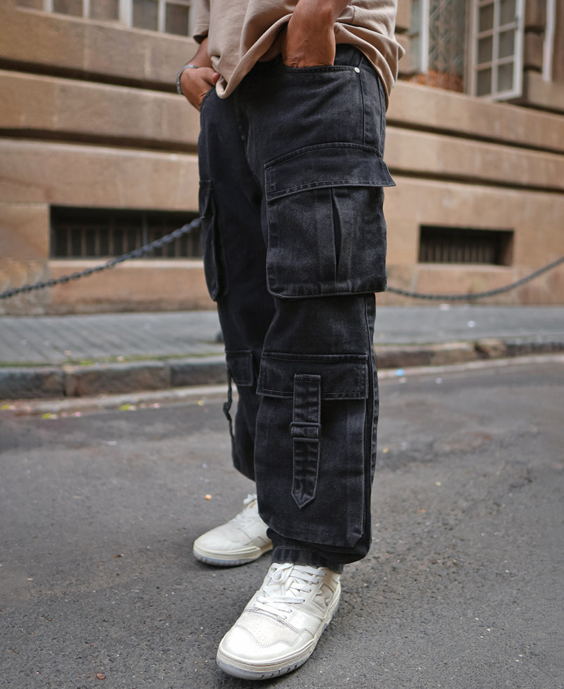 Carbon Black Baggy Fit Cargo Denim Jeans with Patch Pockets