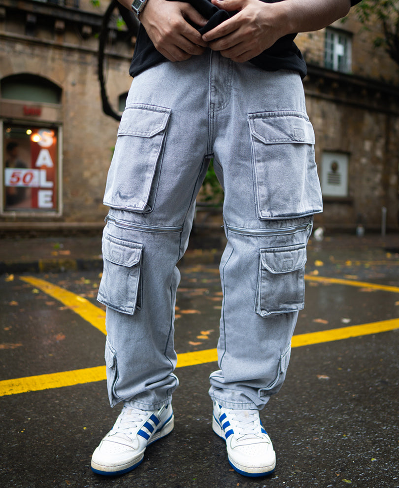 Light Grey Baggy Fit Cargo Denim Jeans