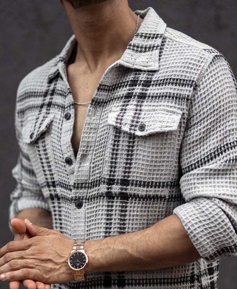 Grey And Black Stripe Waffle Checks Regular Fit Full Sleeves Shirt