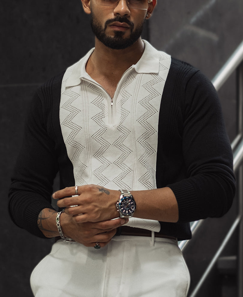 White and Black Knitted Regular Fit Full Sleeves Zipper T Shirt