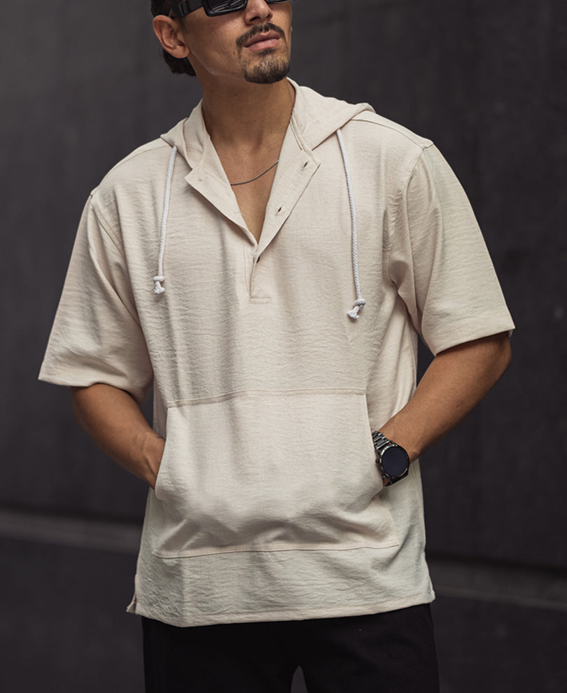 Beige Oversized Hooded Pocket Half Sleeves T-Shirt