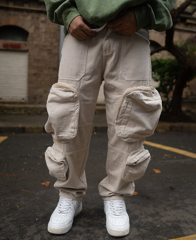 Off White Multi Pocket Baggy Fit Cargo Jeans