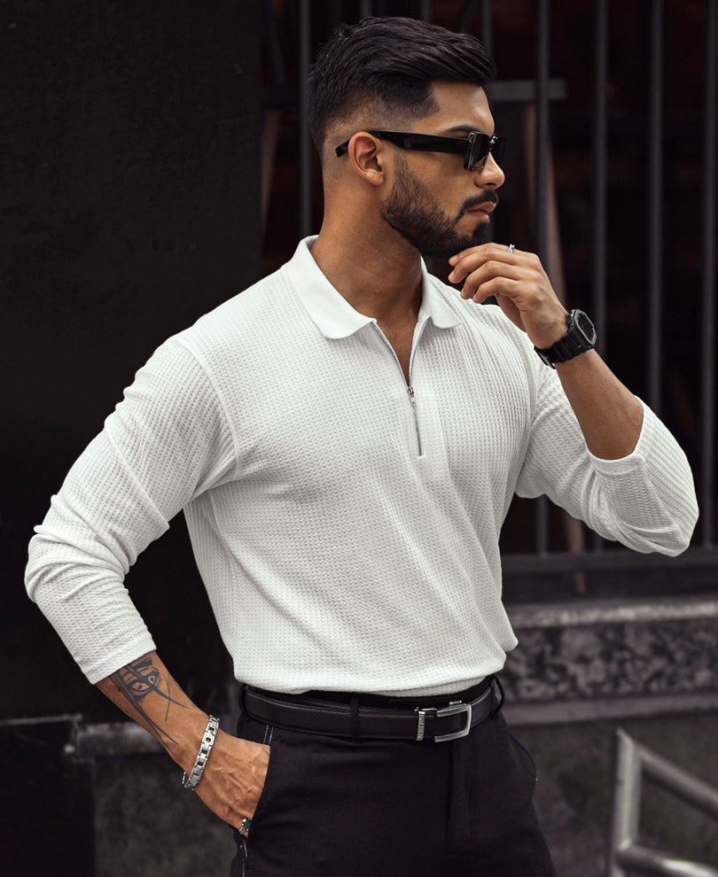 White Waffle Design Regular Fit Full Sleeve T-Shirt with Zipper