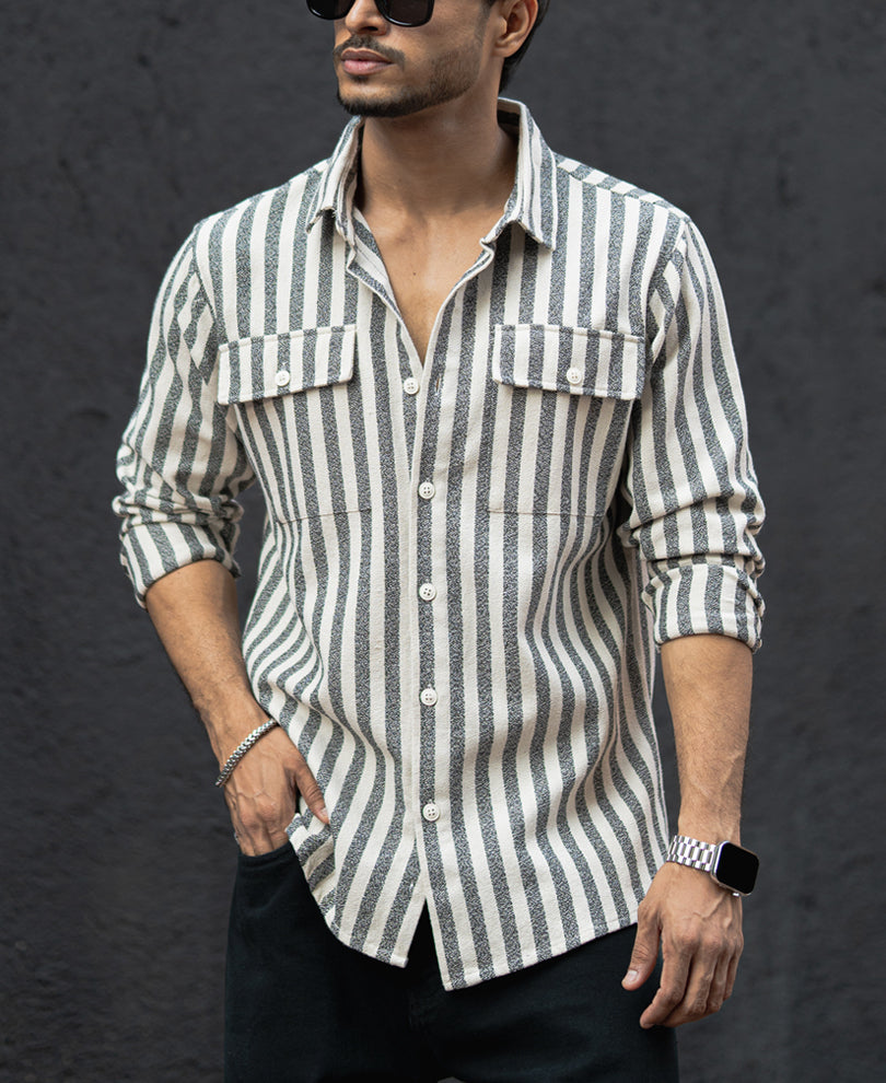 Off White And Grey Stripes Double Pocket Regular Fit Full Sleeves Shirt