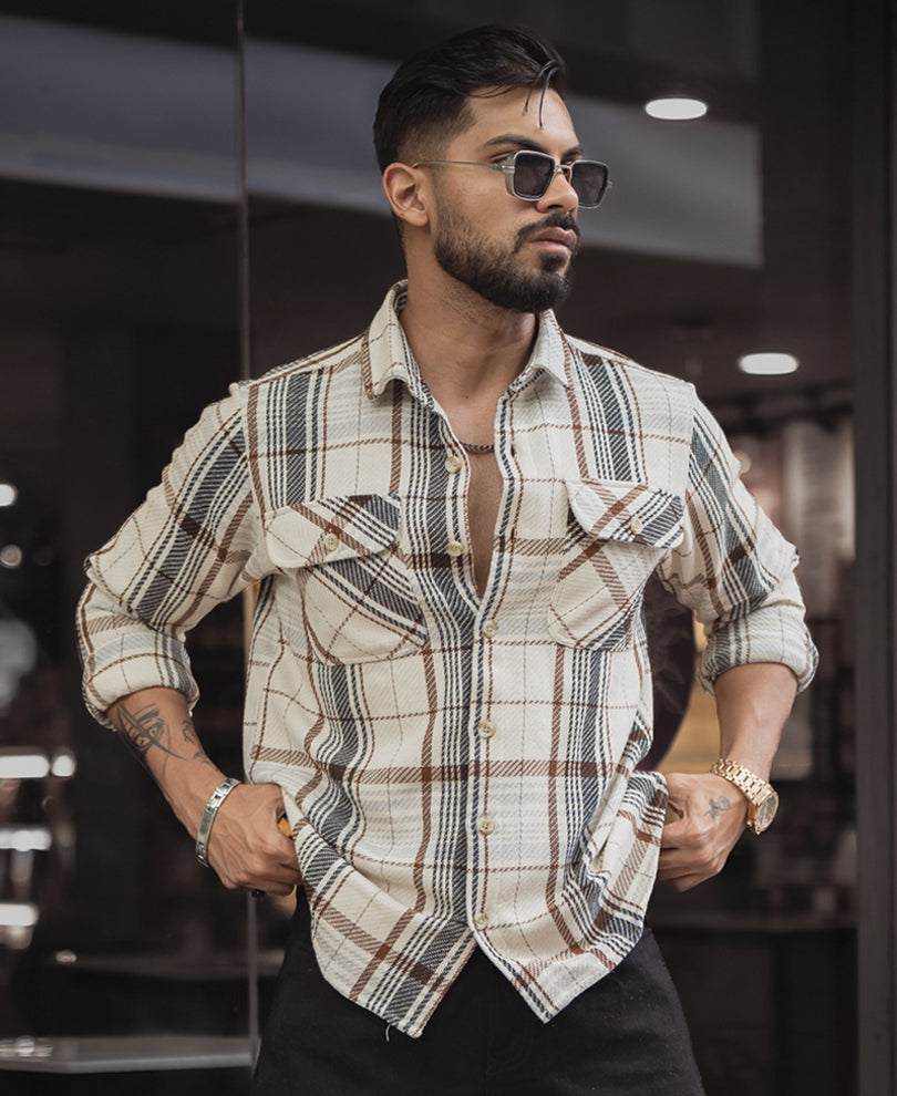 Beige Checked Regular Fit Full Sleeves Shirt