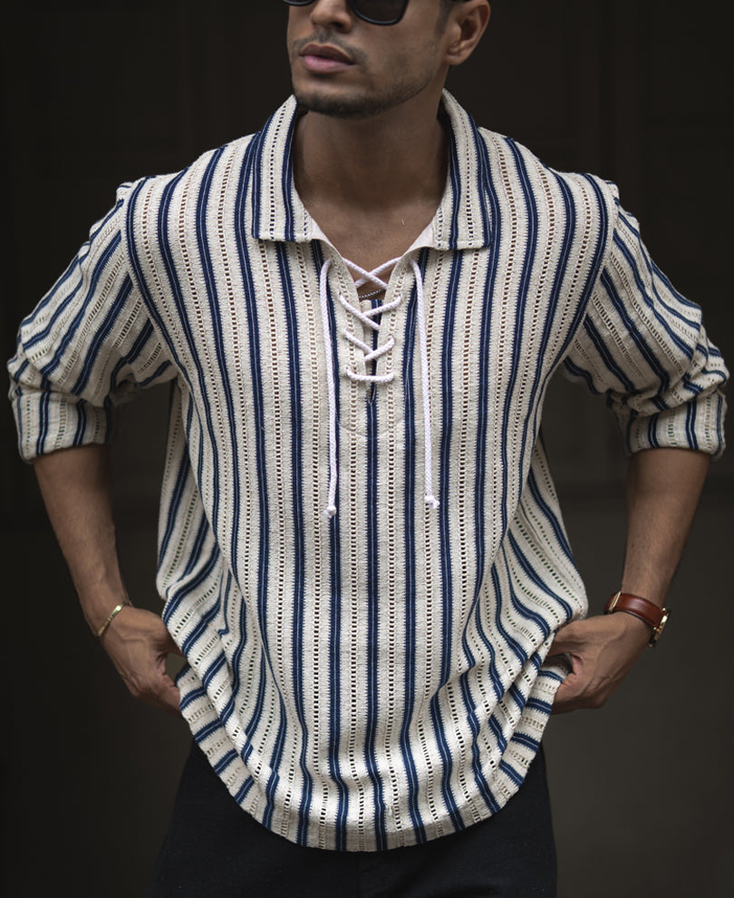 Beige And Navy Blue Striped Regular Fit Full Sleeves Kurta Style Shirt