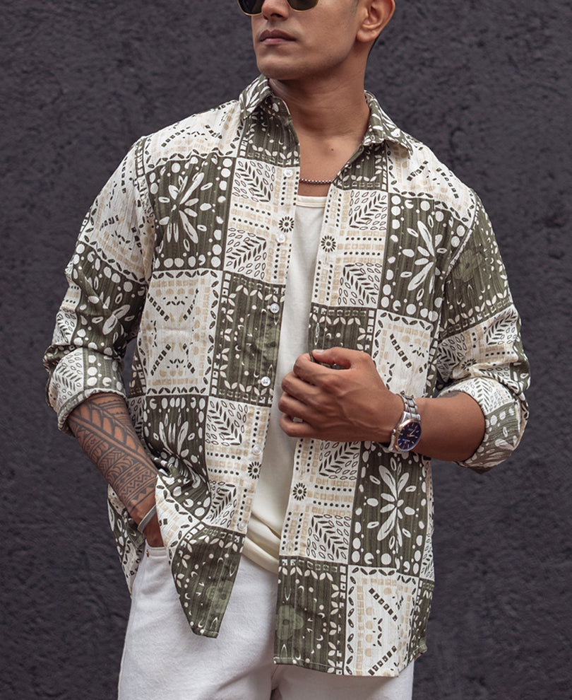 Green Floral Printed Regular Fit Full Sleeves Shirt