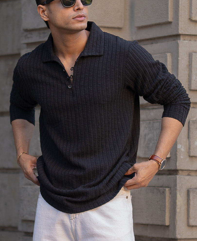 Black Self Stripe Polo T-Shirt