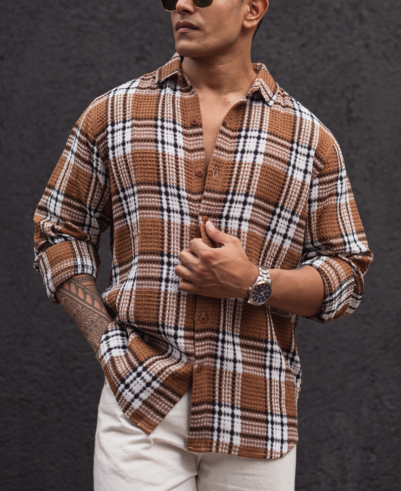 Multi Coloured Checked Regular Fit Full Sleeve Waffle Shirt