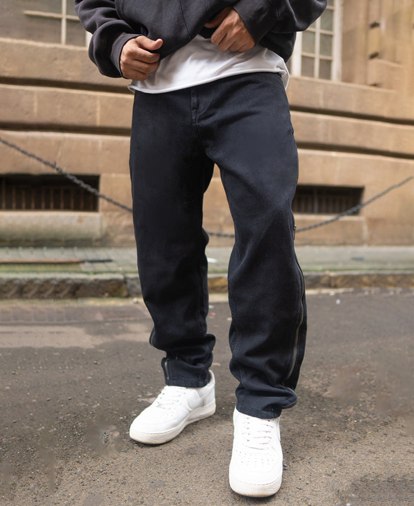 Carbon Black Baggy Fit Denim Jeans with Side Chains
