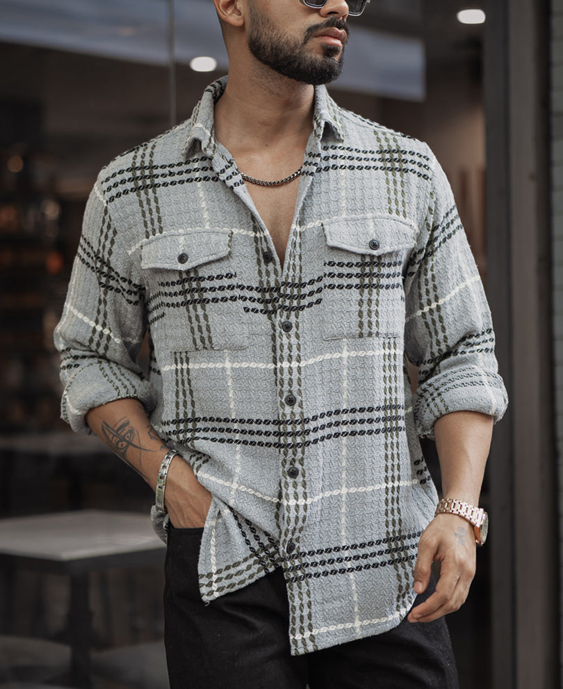 Grey Double Pocket Regular Fit Full Sleeves Shirt