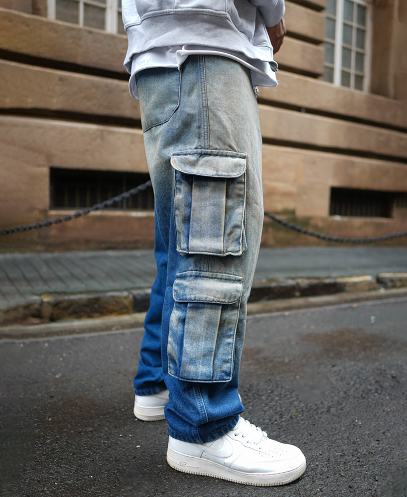 Blue Baggy Fit Cargo Denim Jeans
