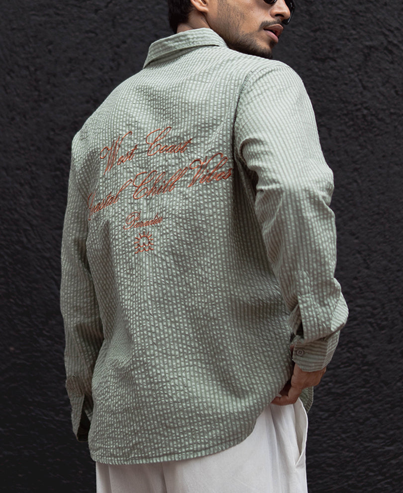 Green Stripes Printed Regular Fit Full Sleeves Shirt