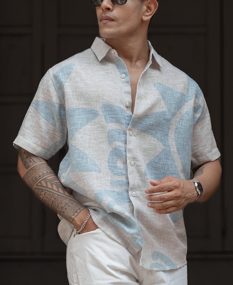Light Blue And Beige Regular Fit Half Sleeves Shirt