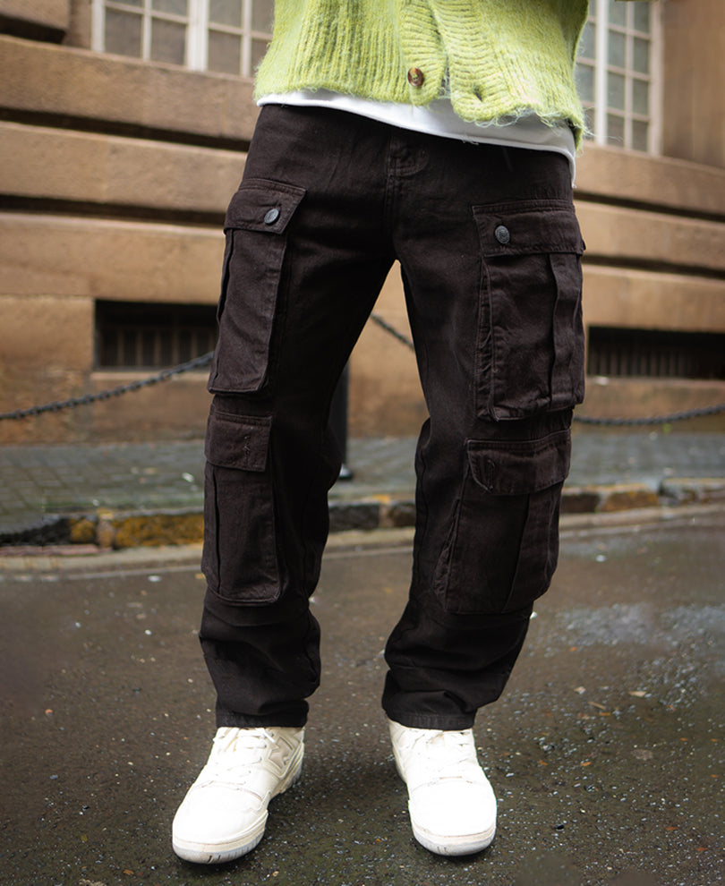 Dark Brown Baggy Fit Denim Jeans with Cargo Pockets