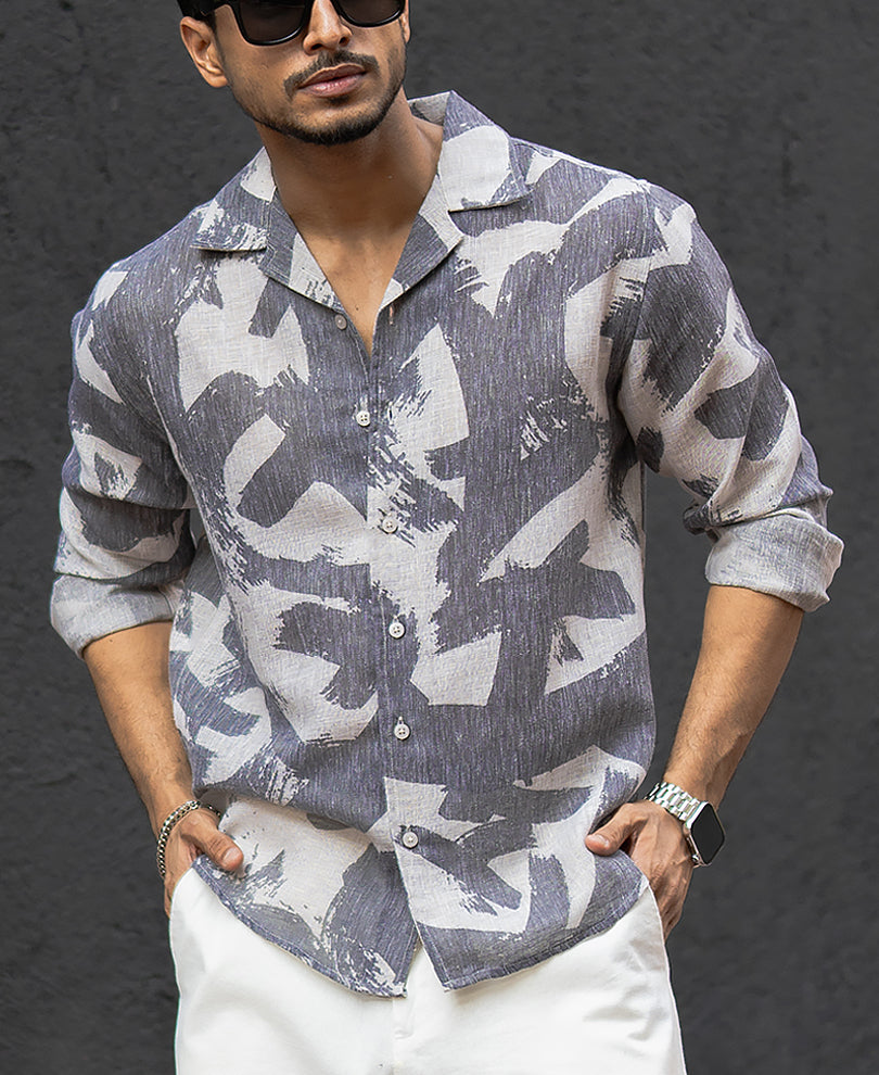 Dark Grey Regular Fit Printed Full Sleeves Shirt