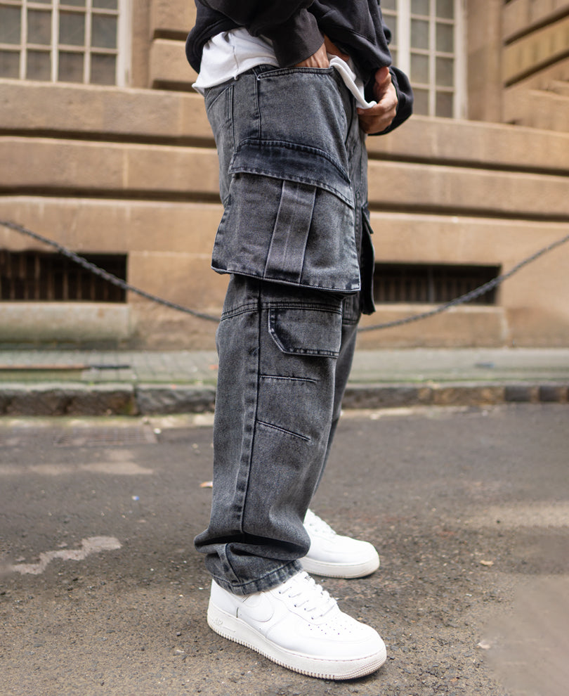 Carbon Black Baggy Fit Cargo Denim with pockets