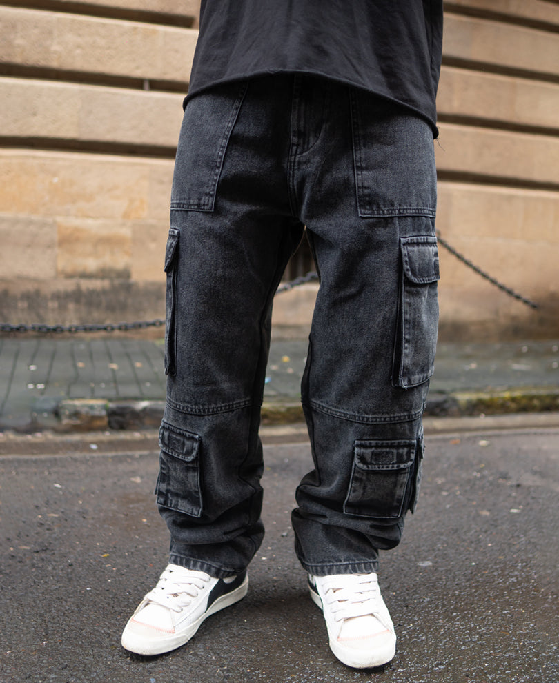 Charcoal Black Multi Pockets Baggy Fit Denim Jeans