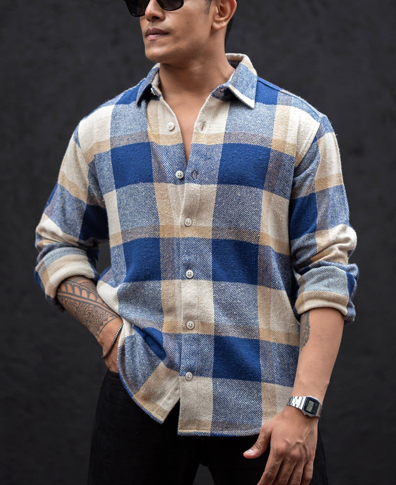 Blue And Off White Checked Regular Fit Full Sleeves Shirt