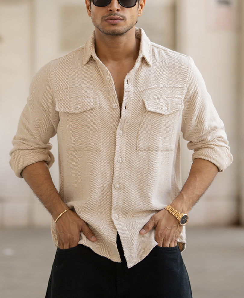 Beige Full Sleeves Structured Regular Fit Shirt