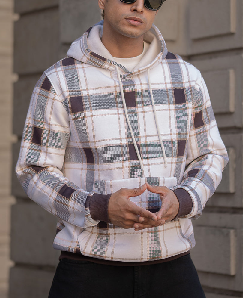 Dark Brown Checked Hooded SweaT-Shirt