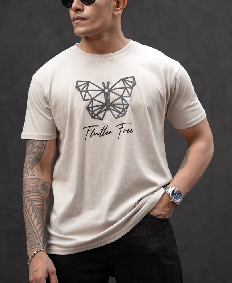 Oxford Tan Butterfly Print Regular Fit Half Sleeves T-Shirt