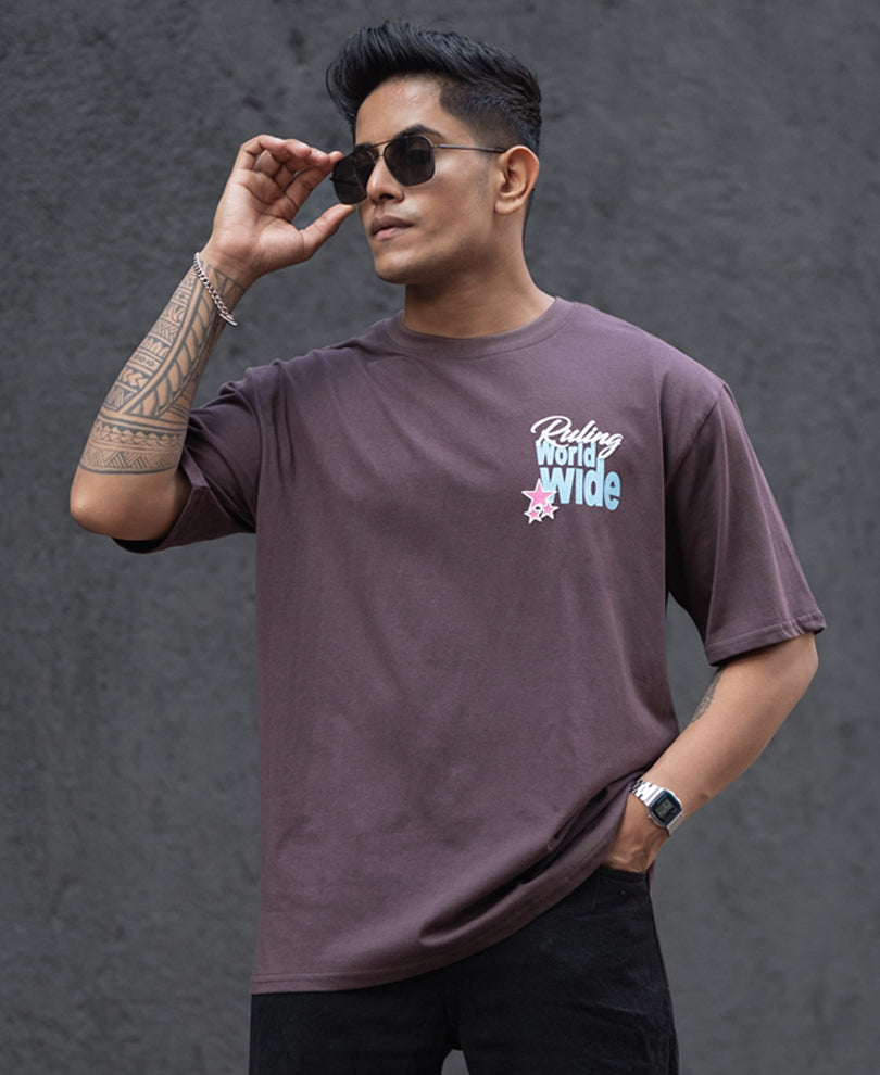Coffee Brown World Wide Print Oversized Half Sleeves T-Shirt