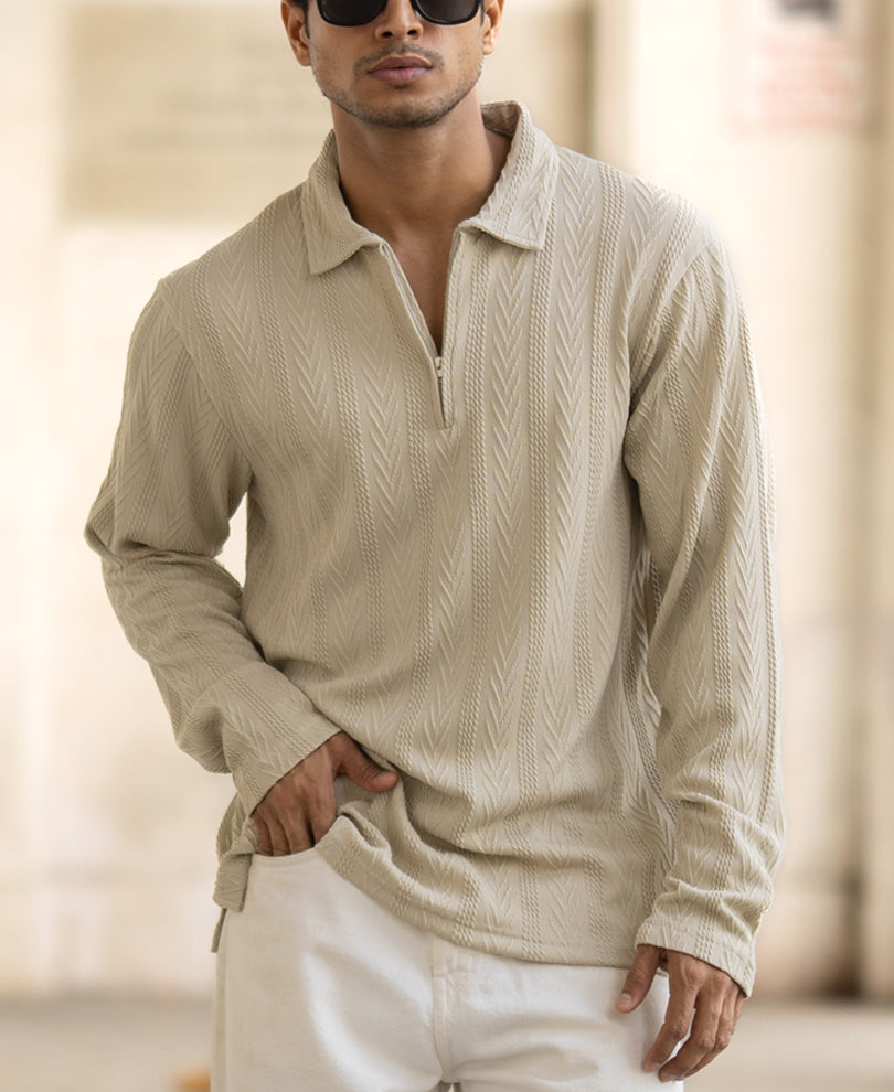 Oatmeal Ttextured Polo T-Shirt