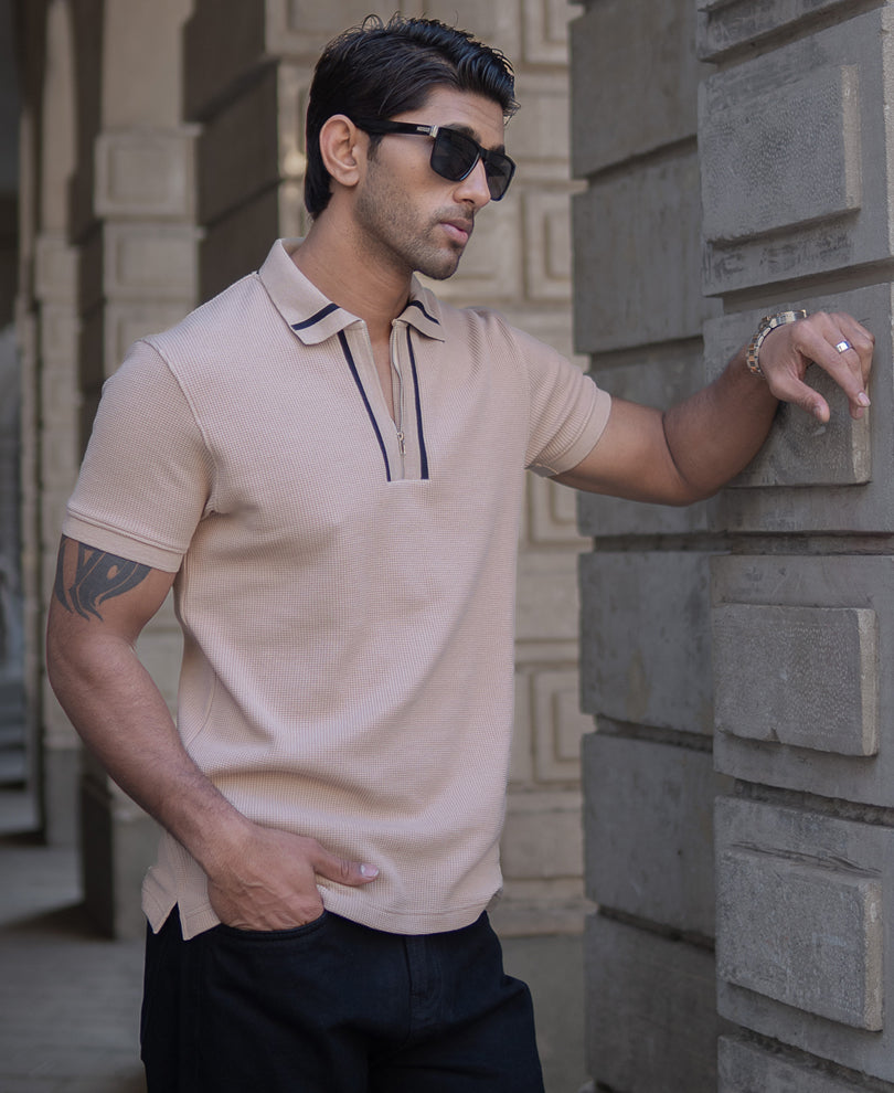 Beige Chunky Half Sleeves Regular Fit T-Shirt