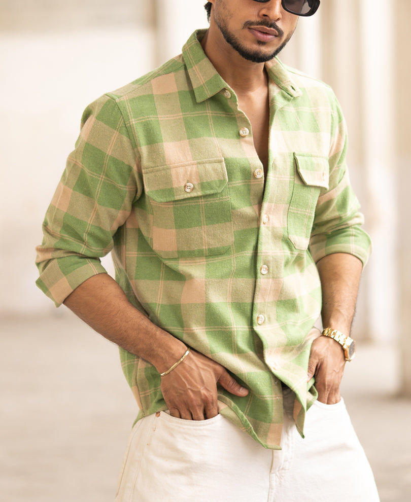 Green Checked Regular Fit Full Sleeves Shirt