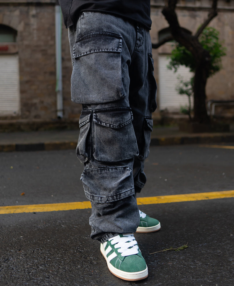 Carbon Black Baggy Fit Cargo Pockets Denim Jeans