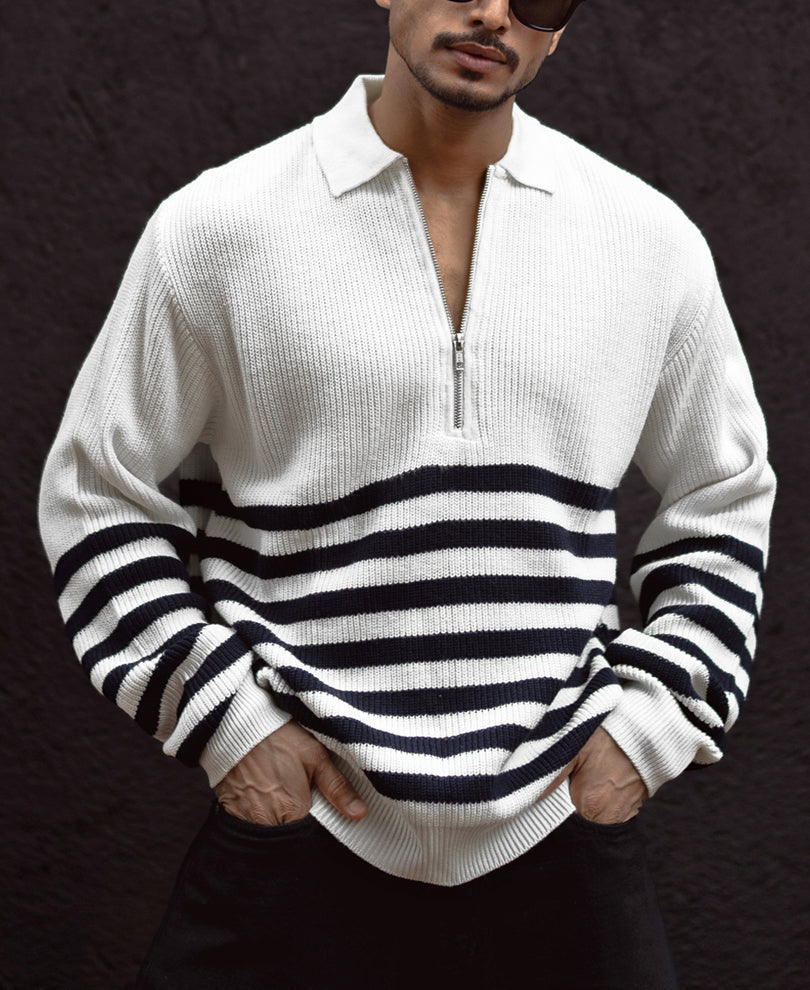 Off-White And Blue Regular Fit Full Sleeves Zip Sweatshirt