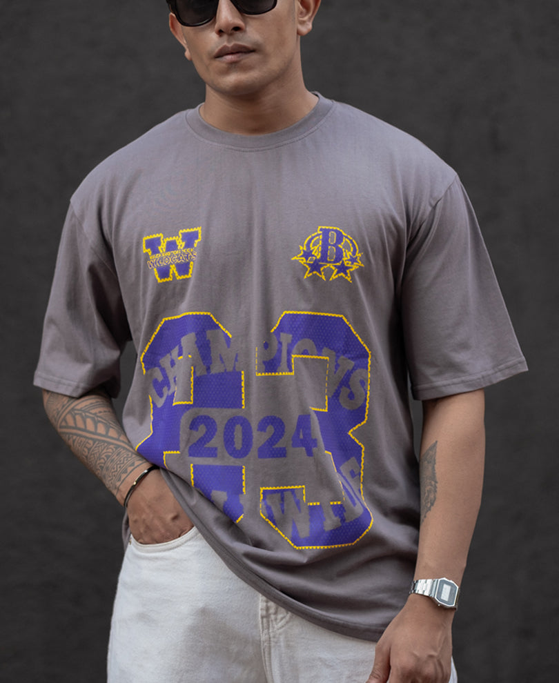 Grey 83 Print Oversized Half Sleeves T-Shirt
