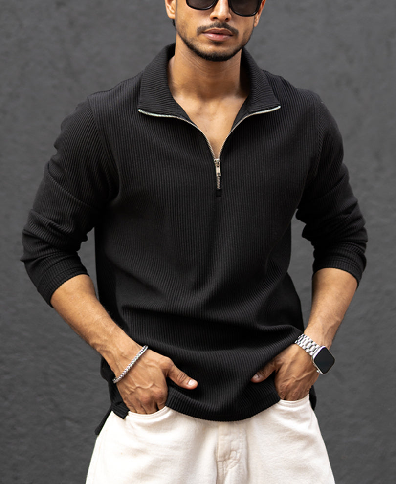 Black Structured Full Sleeves Regular Fit T-Shirt