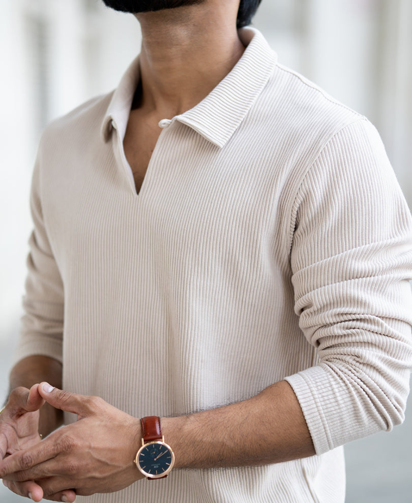 Beige Corduroy Regular Fit Full Sleeves Shirt