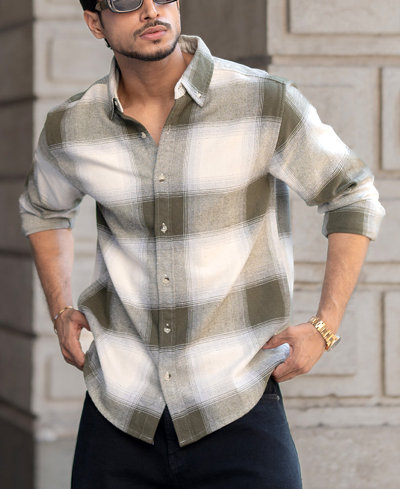 Olive And Off-White Regular Fit Full Sleeves Shirt