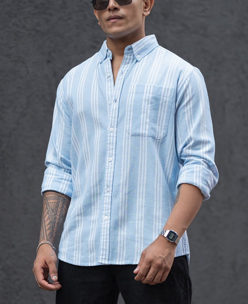 Sky Blue Stripes Regular Fit Full Sleeves Shirt