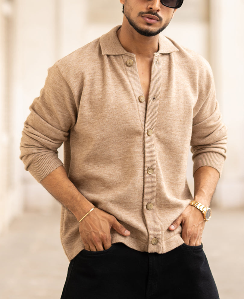 Beige Regular Fit Full Sleeves Woolen Shirt