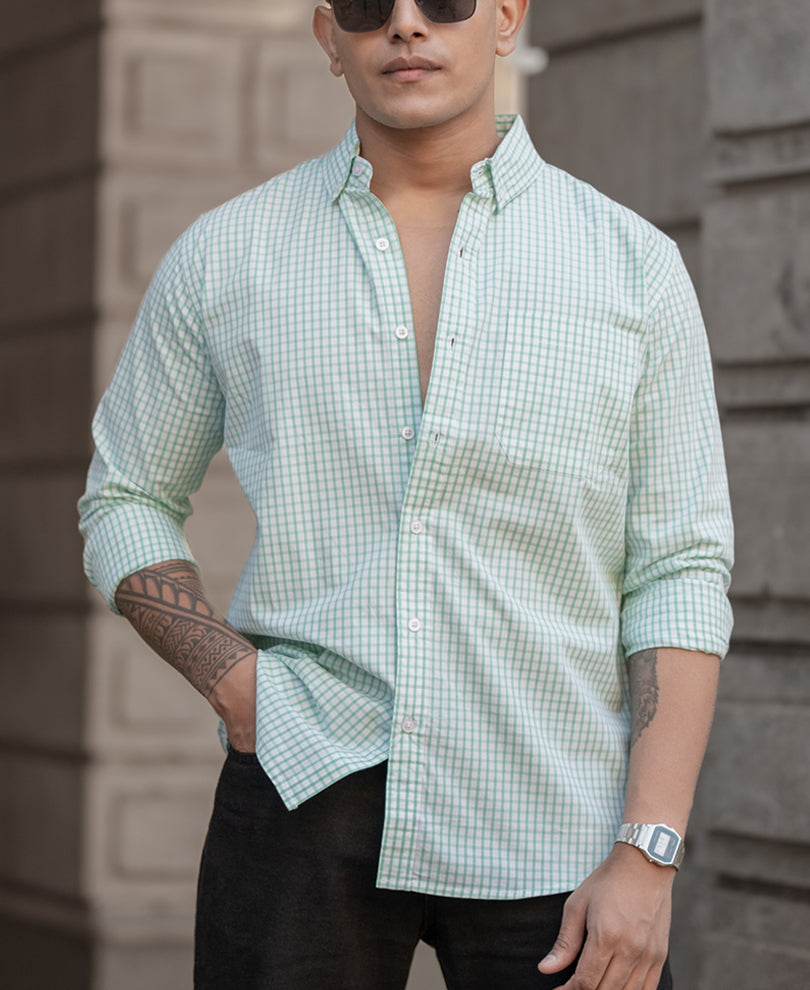 Green Small Checked Regular Fit Full Sleeves Shirt