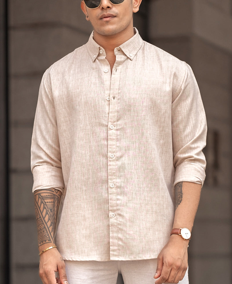 Beige Plain Full Sleeves Regular Fit Shirt