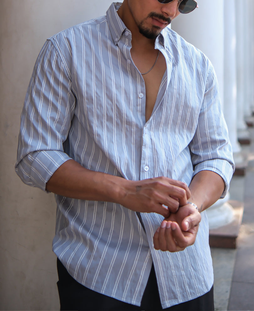 Light Grey Stripes Regular Fit Full Sleeves Shirt