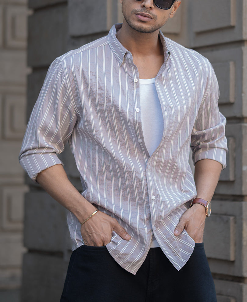Beige Stripes Regular Fit Full Sleeves Shirt