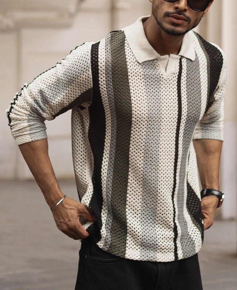 Multi Colour Structured Regular Fit Full Sleeves T-Shirt