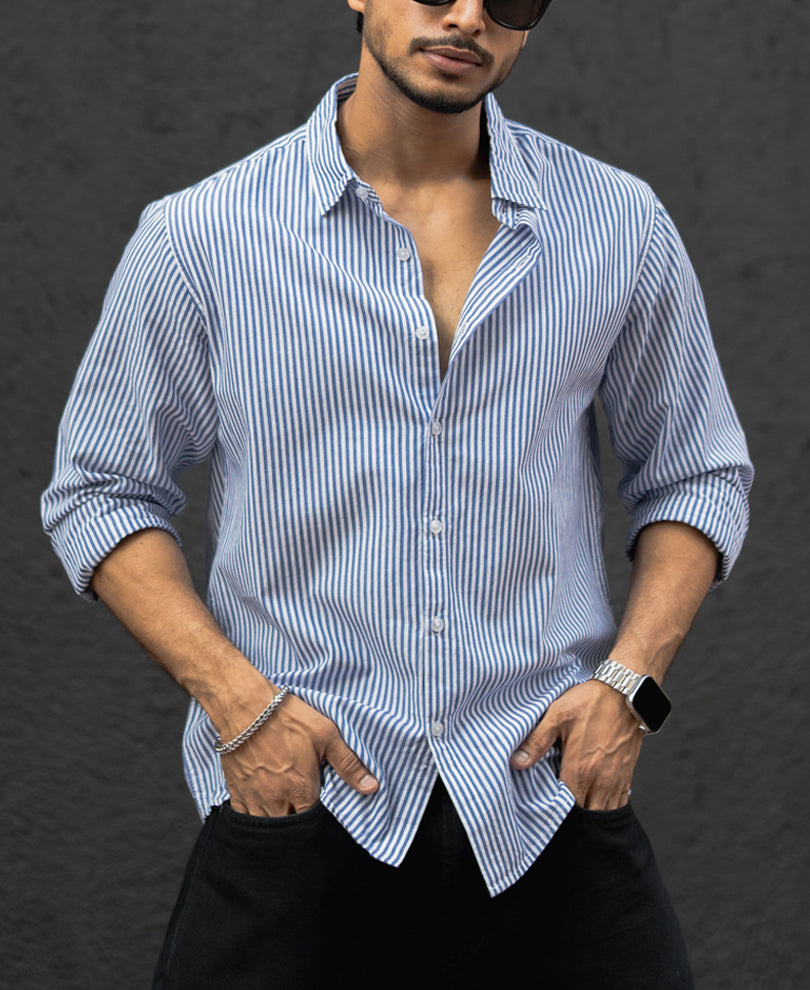 Blue And White Stripes Full Sleeves Regular Fit Shirt