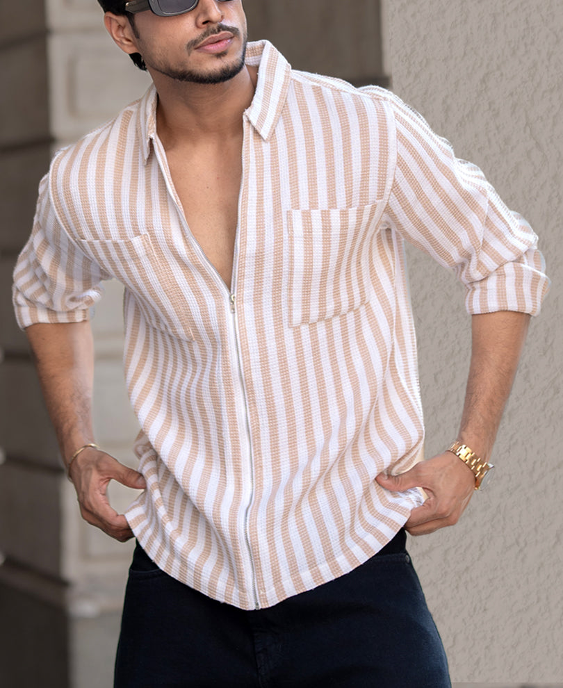 White And Beige Striped Regular Fit Full Sleeves Shirt