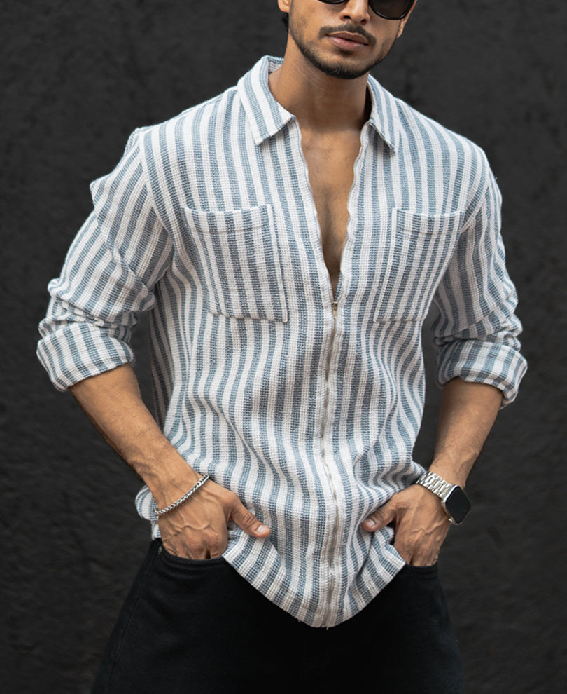 Blue And White Stripes Regular Fit Full Sleeves Shirt With Zip