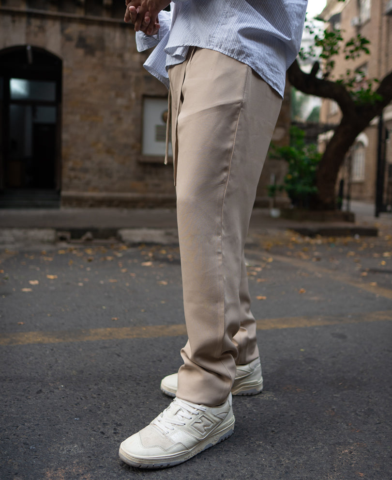 Beige Pleated Trousers With Belt